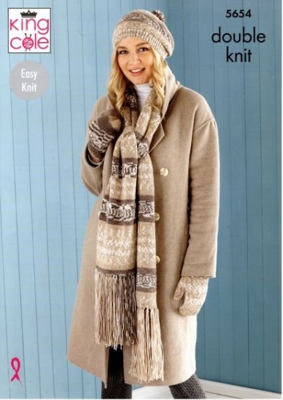 Knitting Pattern - King Cole 5654 - Fjord DK - Scarf, Wristwarmers, Hats, Mitts & Snood